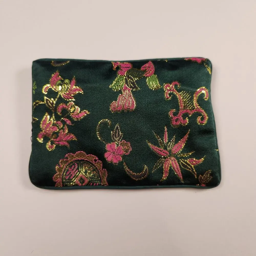 Asian Brocade Silk Coin Purse - Green Floral Zipper Pouch with Red Satin Lining